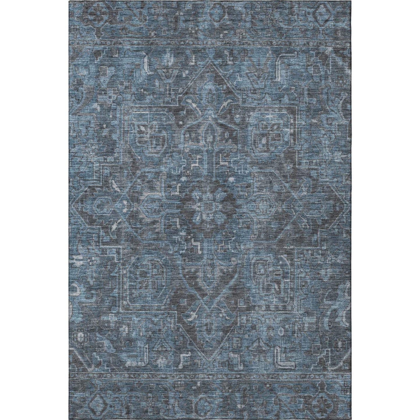 5' X 8' Navy Blue And Gray Medallion Distressed Washable Area Rug With UV Protection - HomeRoots - Flyclothing LLC