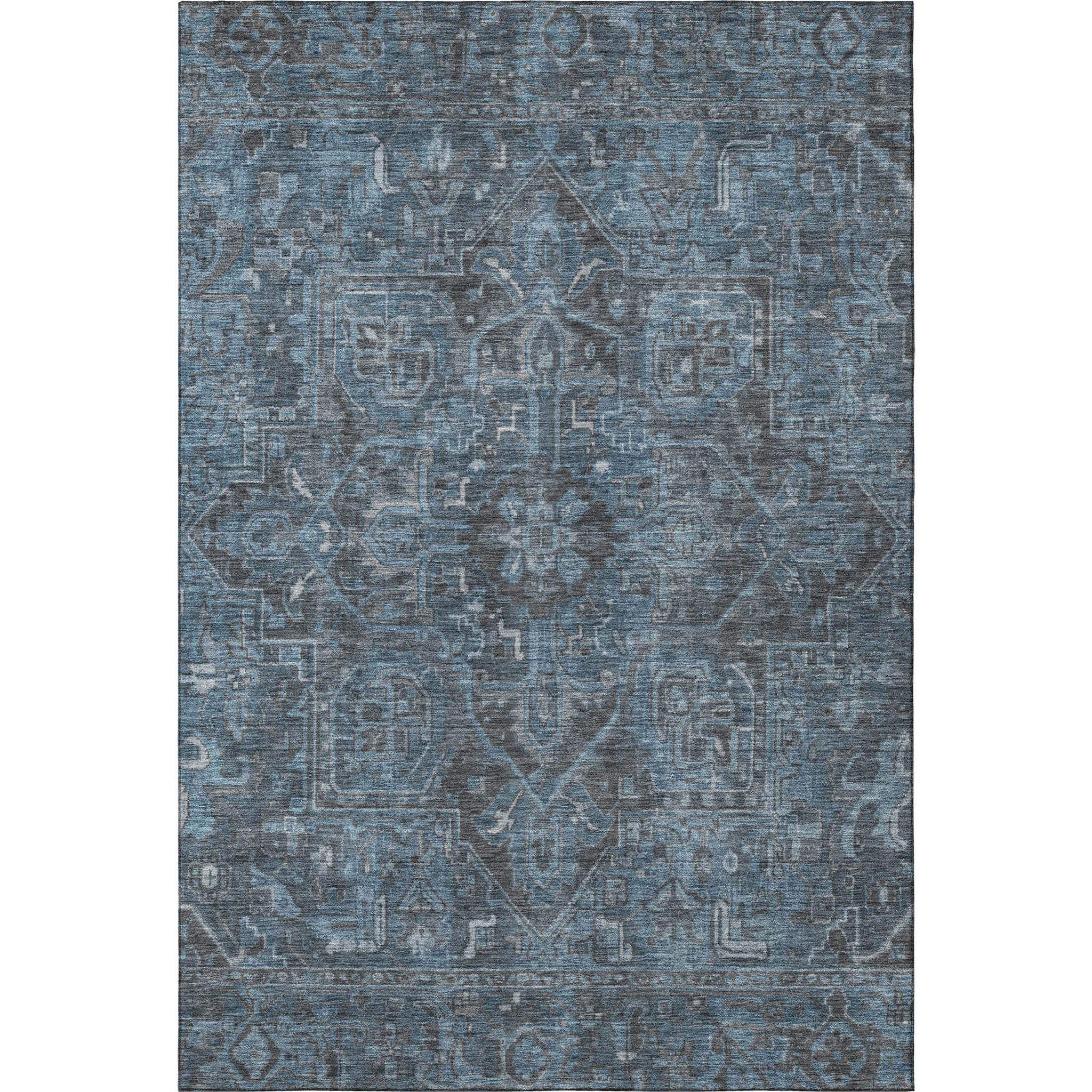 5' X 8' Navy Blue And Gray Medallion Distressed Washable Area Rug With UV Protection - HomeRoots - Flyclothing LLC