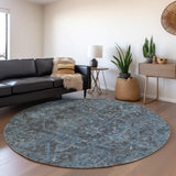 8' Navy Blue And Gray Medallion Distressed Washable Round Rug With UV Protection - HomeRoots - Flyclothing LLC