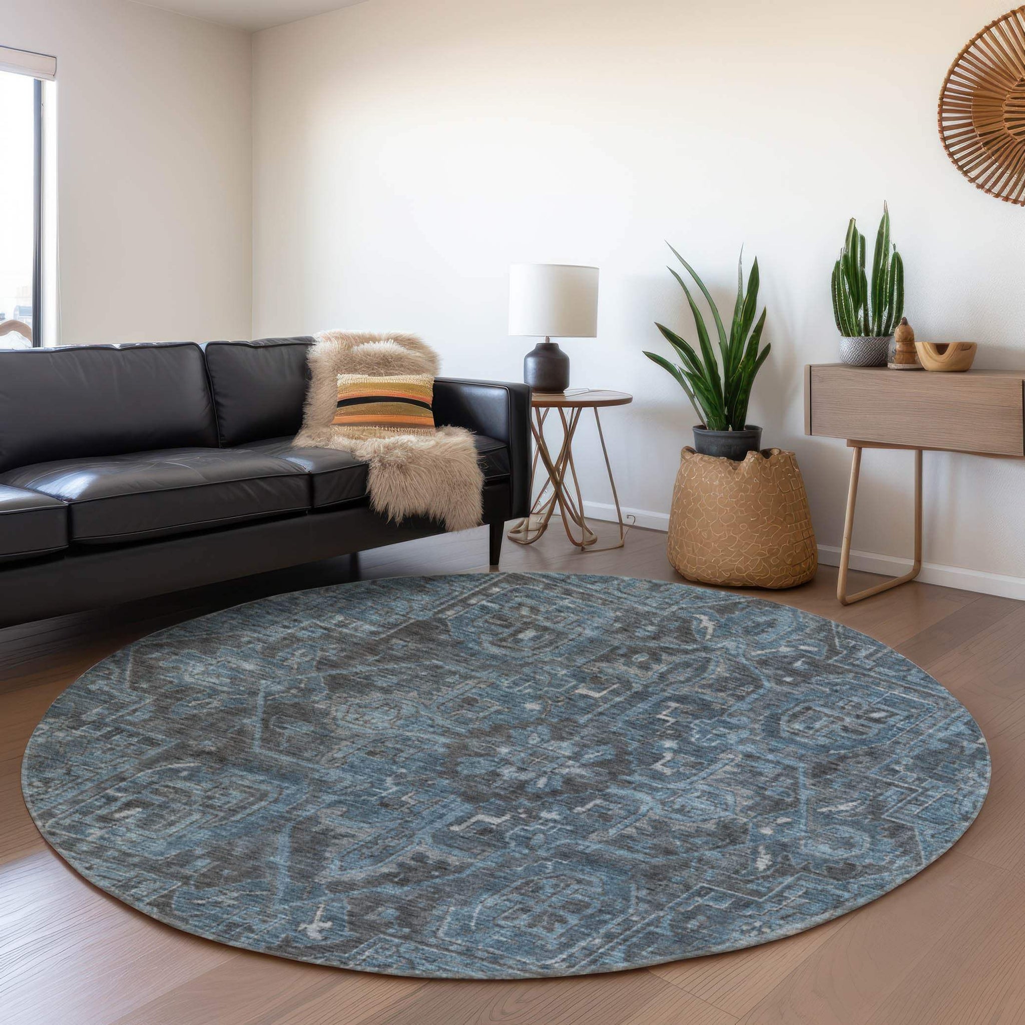8' Navy Blue And Gray Medallion Distressed Washable Round Rug With UV Protection - HomeRoots - Flyclothing LLC