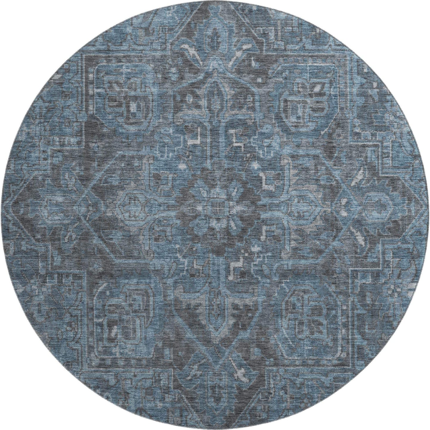 8' Navy Blue And Gray Medallion Distressed Washable Round Rug With UV Protection - HomeRoots - Flyclothing LLC