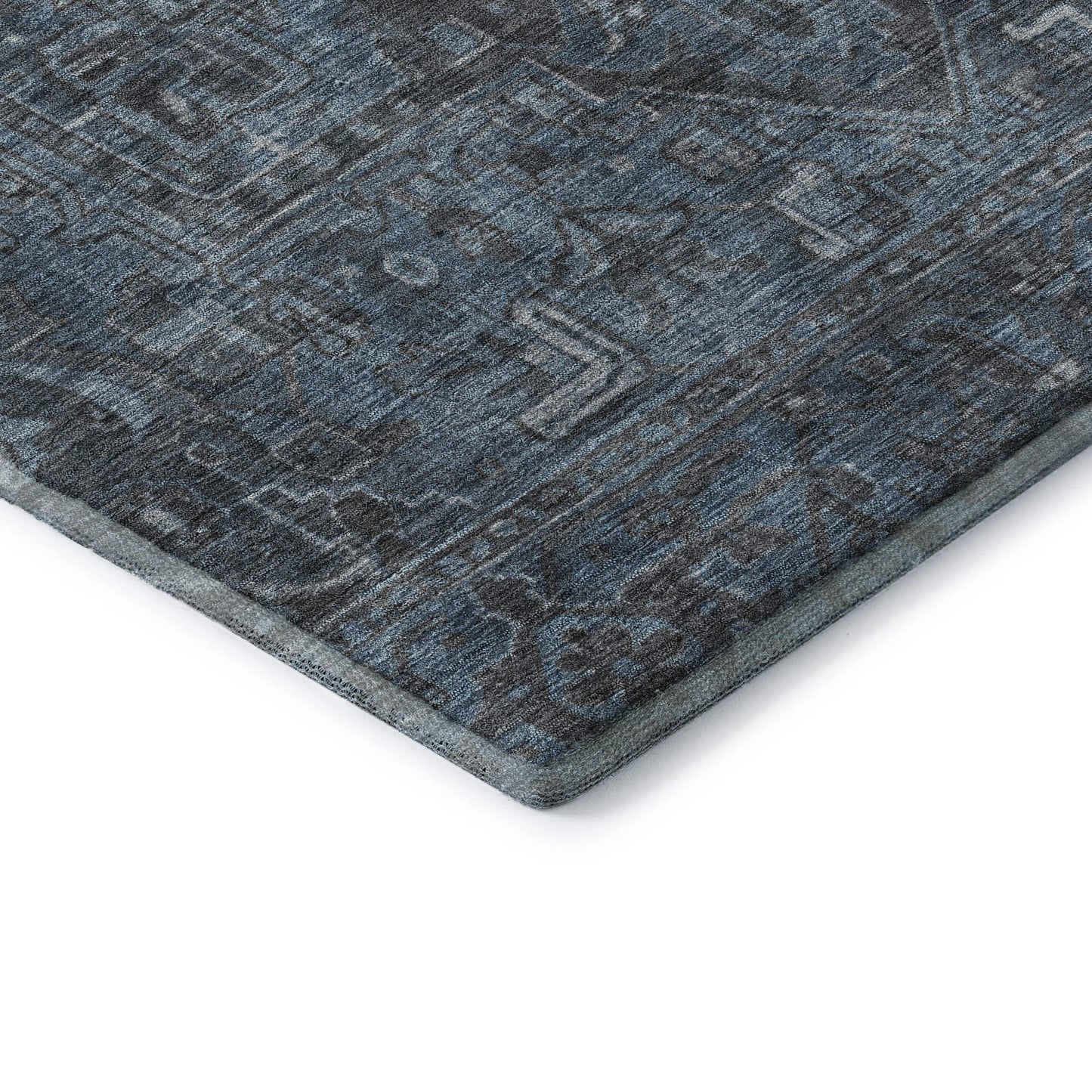 8' Navy Blue And Gray Medallion Distressed Washable Round Rug With UV Protection - HomeRoots - Flyclothing LLC