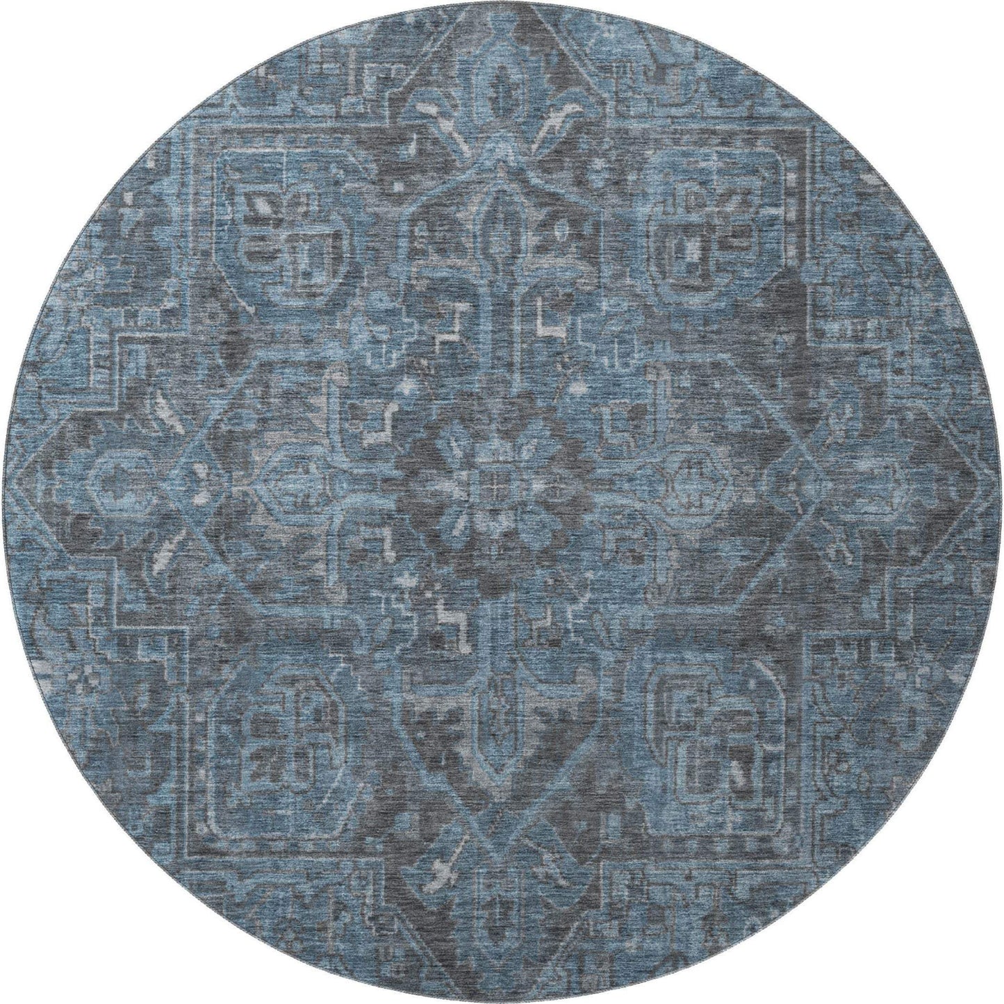 8' Navy Blue And Gray Medallion Distressed Washable Round Rug With UV Protection - HomeRoots - Flyclothing LLC