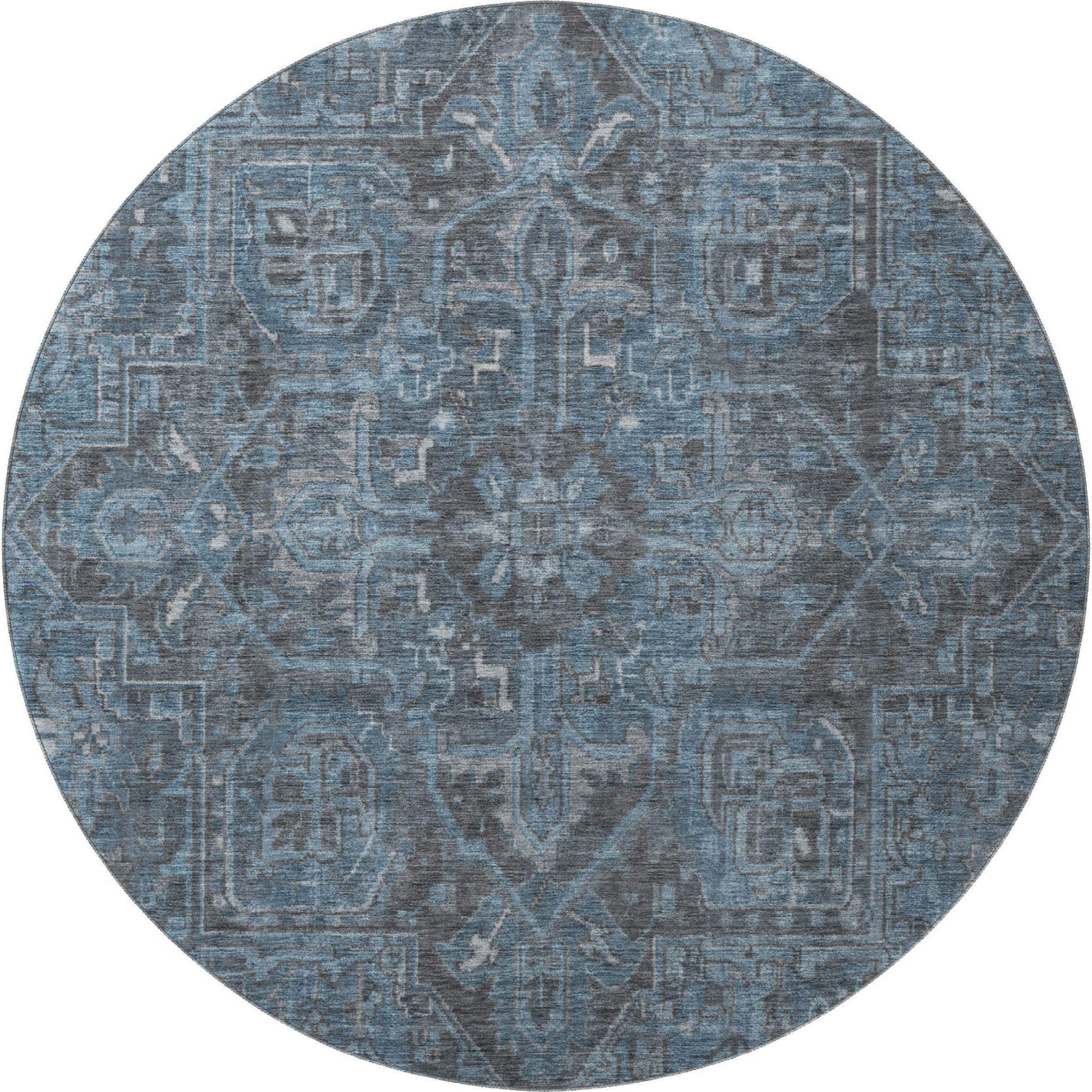 8' Navy Blue And Gray Medallion Distressed Washable Round Rug With UV Protection - HomeRoots - Flyclothing LLC