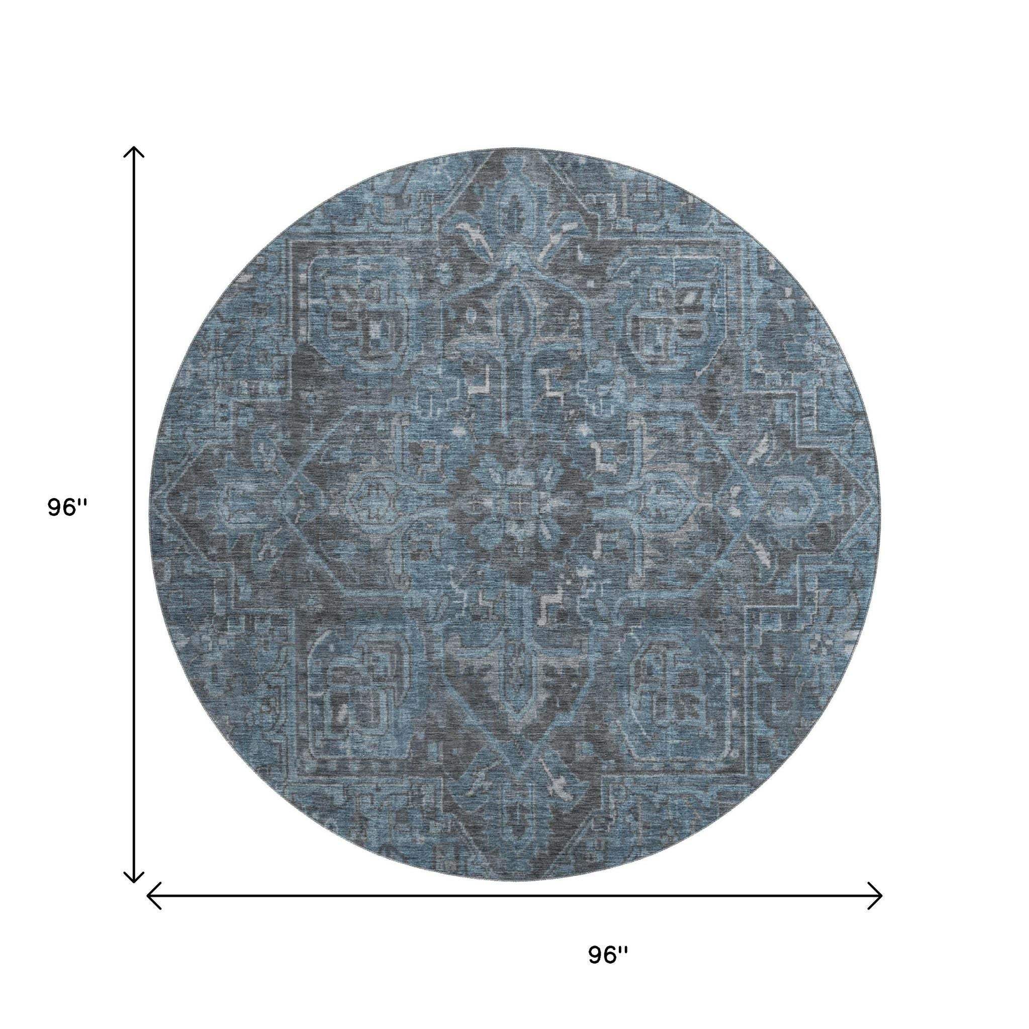 8' Navy Blue And Gray Medallion Distressed Washable Round Rug With UV Protection - HomeRoots - Flyclothing LLC