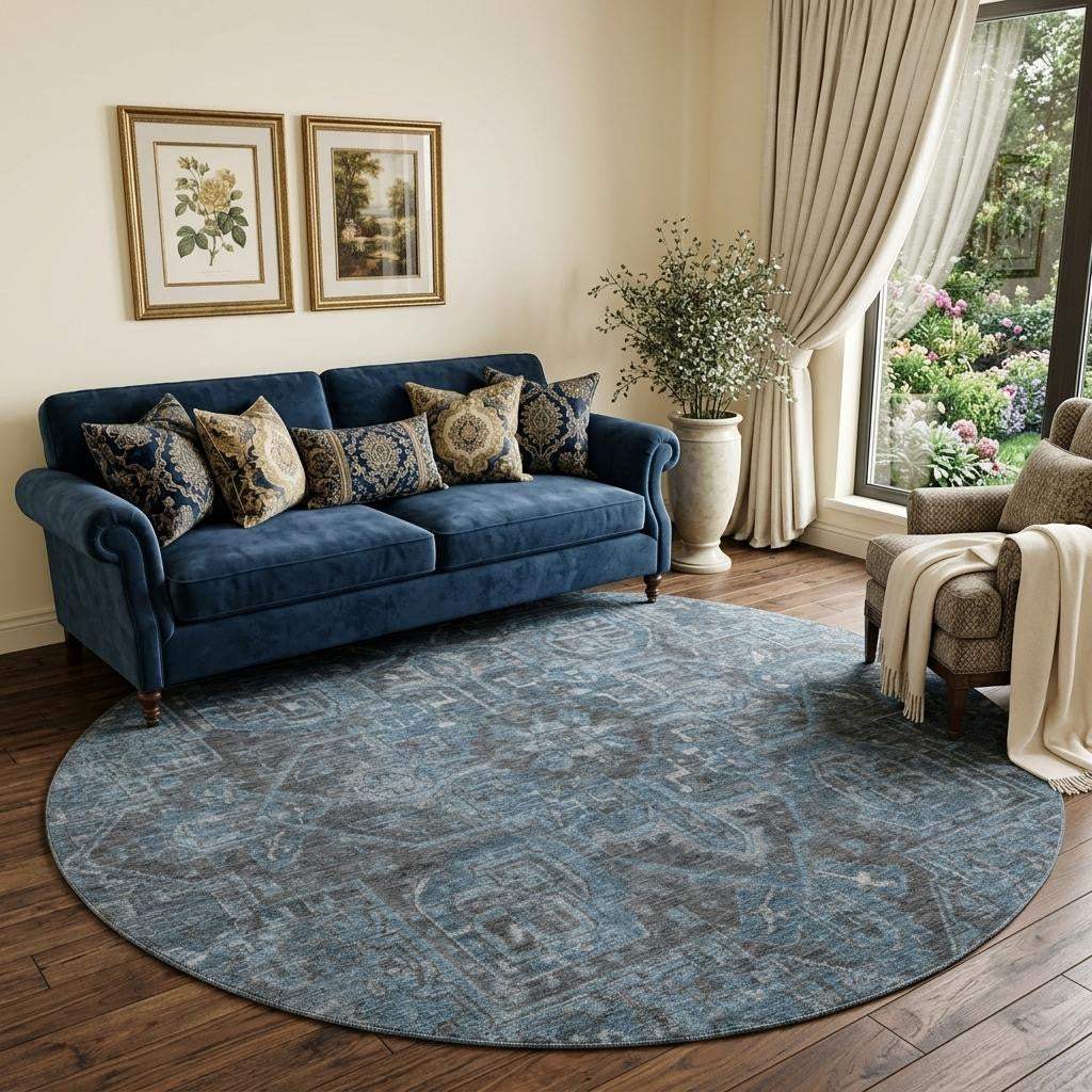 8' Navy Blue And Gray Medallion Distressed Washable Round Rug With UV Protection - HomeRoots - Flyclothing LLC