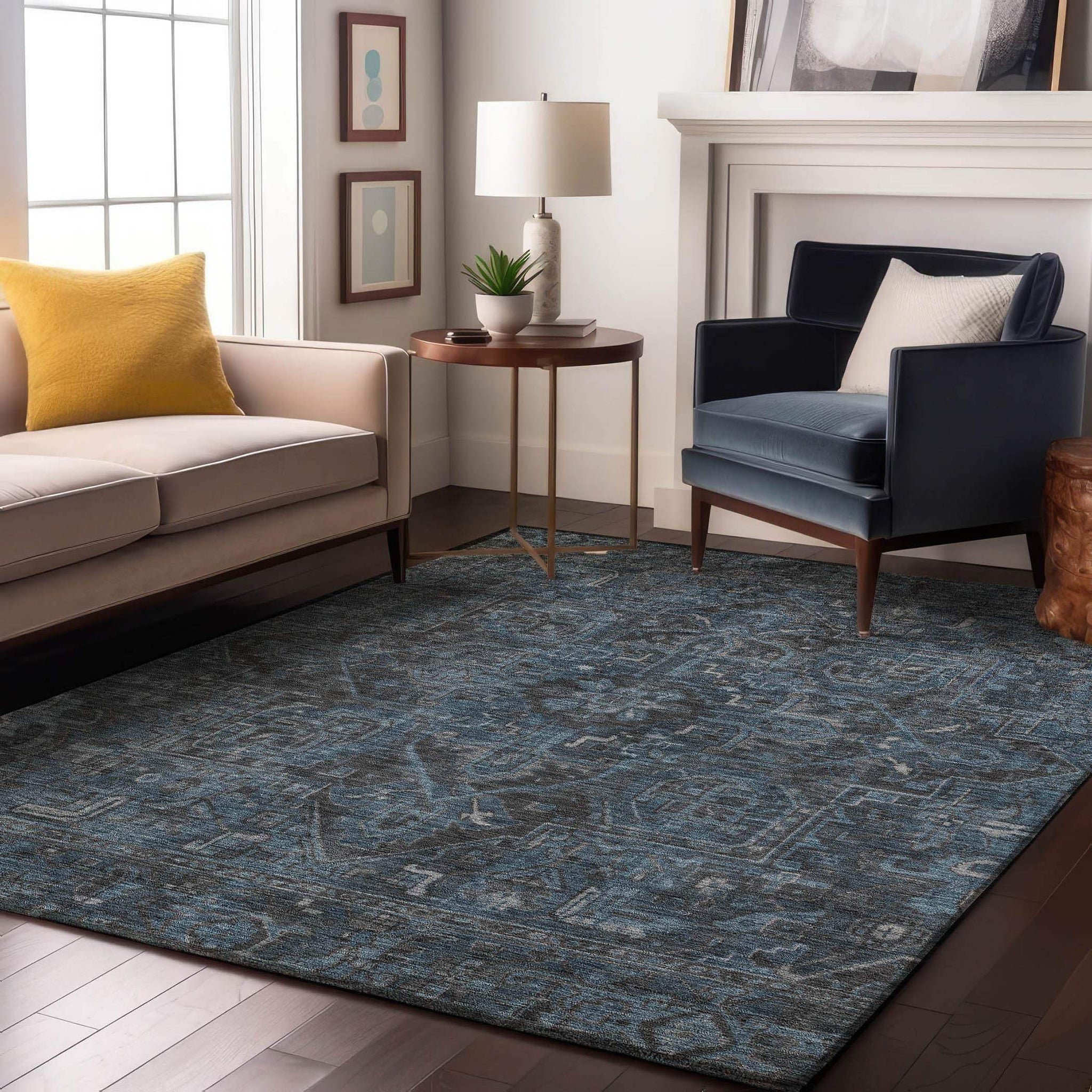 9' X 12' Navy Blue And Gray Medallion Distressed Washable Area Rug With UV Protection - HomeRoots - Flyclothing LLC