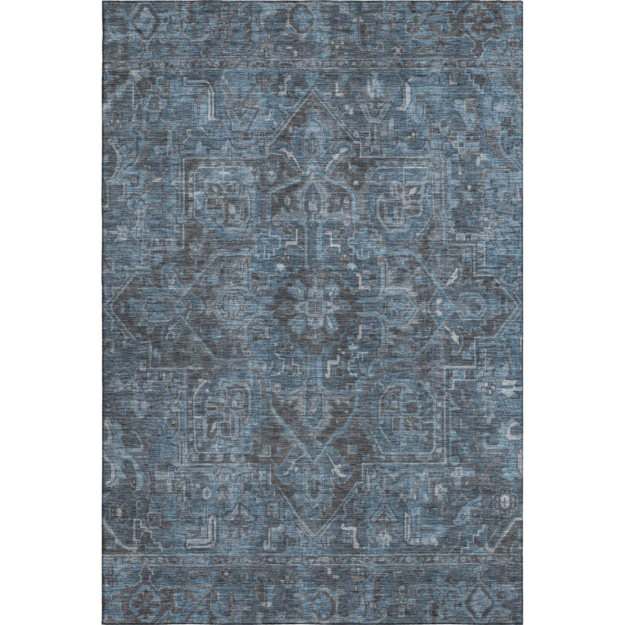 9' X 12' Navy Blue And Gray Medallion Distressed Washable Area Rug With UV Protection - HomeRoots - Flyclothing LLC