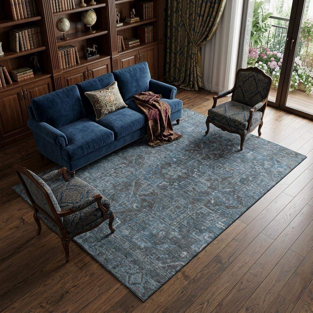9' X 12' Navy Blue And Gray Medallion Distressed Washable Area Rug With UV Protection - HomeRoots - Flyclothing LLC