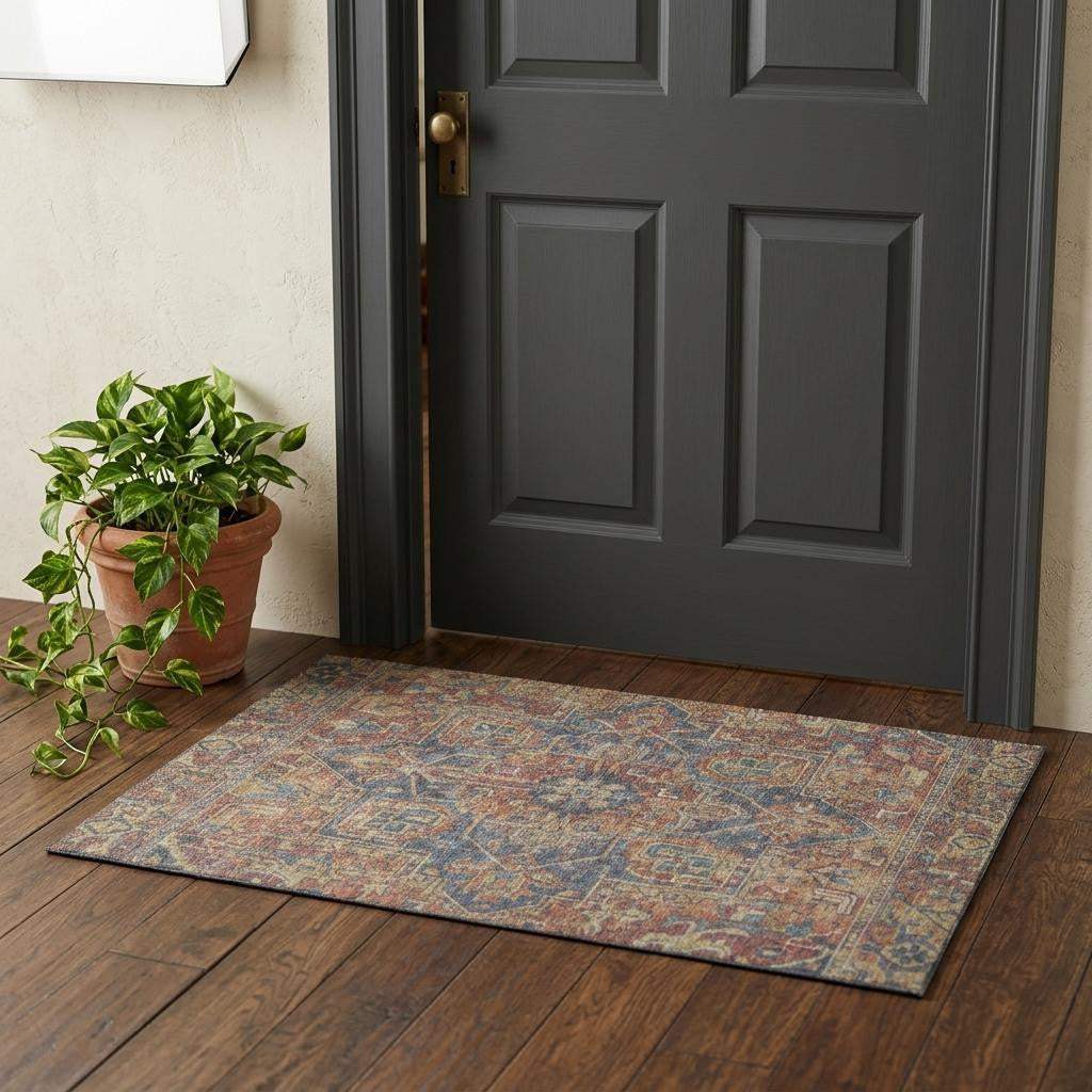 3' X 5' Red And Blue Medallion Distressed Washable Area Rug With UV Protection - HomeRoots - Flyclothing LLC