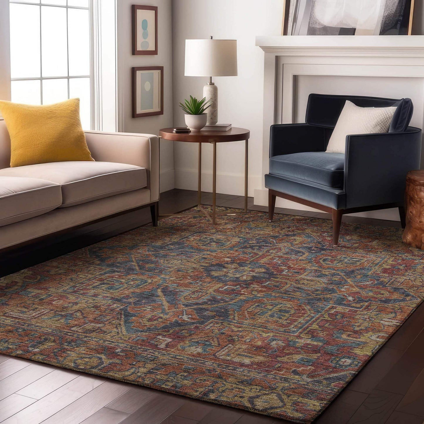 3' X 5' Red And Blue Medallion Distressed Washable Area Rug With UV Protection - HomeRoots - Flyclothing LLC