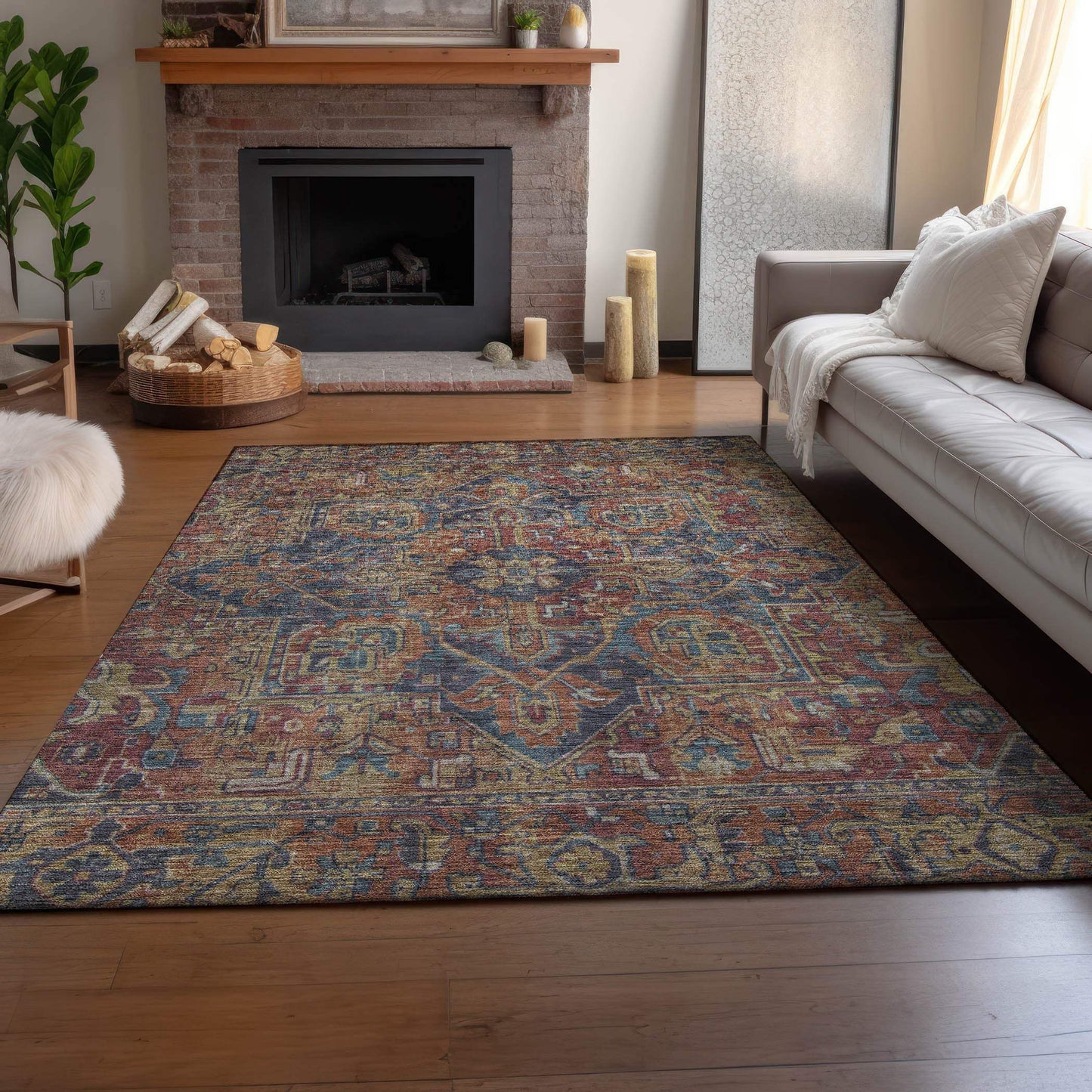 3' X 5' Red And Blue Medallion Distressed Washable Area Rug With UV Protection - HomeRoots - Flyclothing LLC
