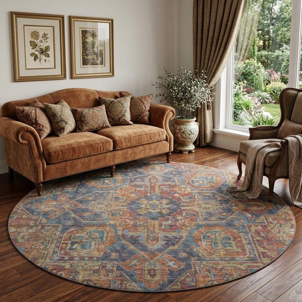 8' Red And Blue Medallion Distressed Washable Round Rug With UV Protection - HomeRoots - Flyclothing LLC
