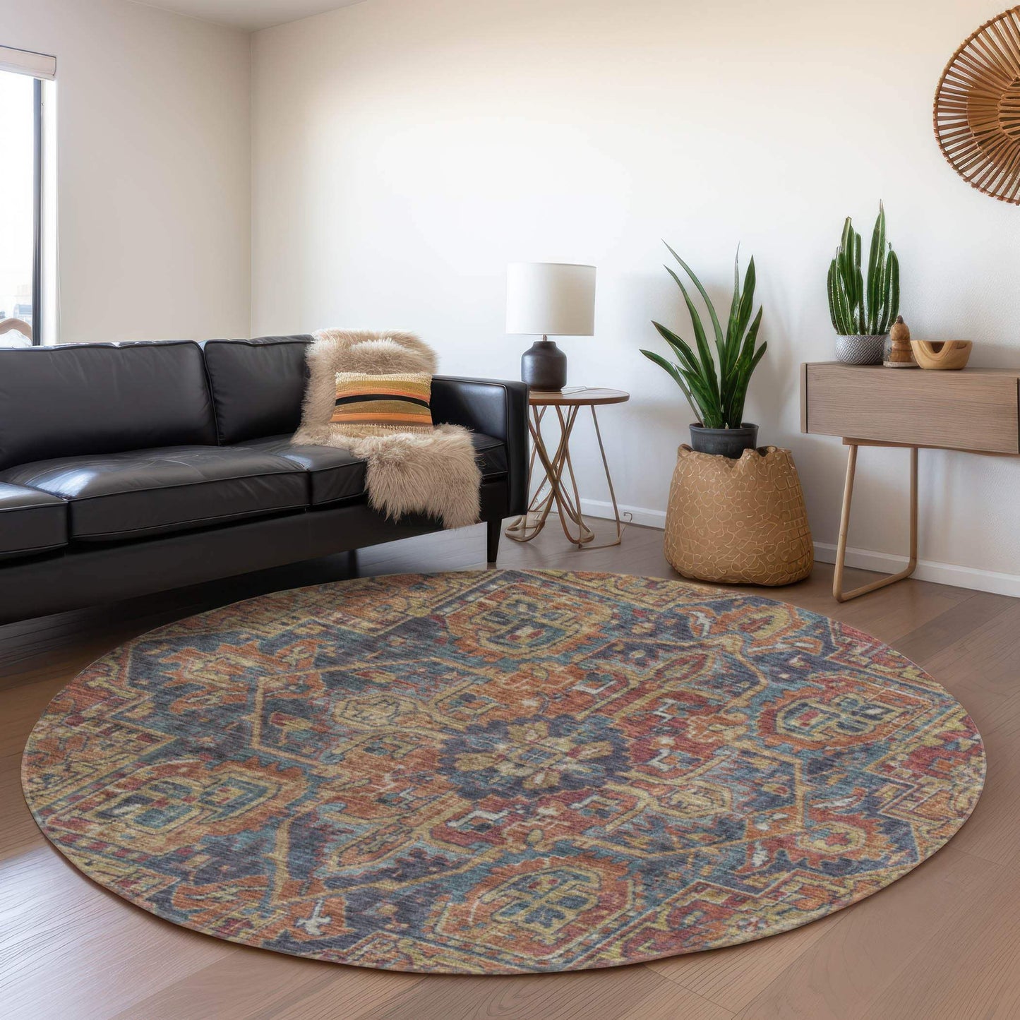 8' Red And Blue Medallion Distressed Washable Round Rug With UV Protection - HomeRoots - Flyclothing LLC