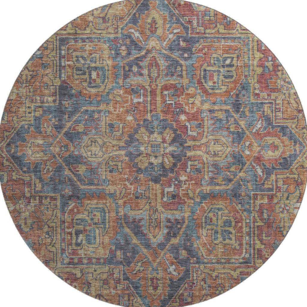 8' Red And Blue Medallion Distressed Washable Round Rug With UV Protection - HomeRoots - Flyclothing LLC