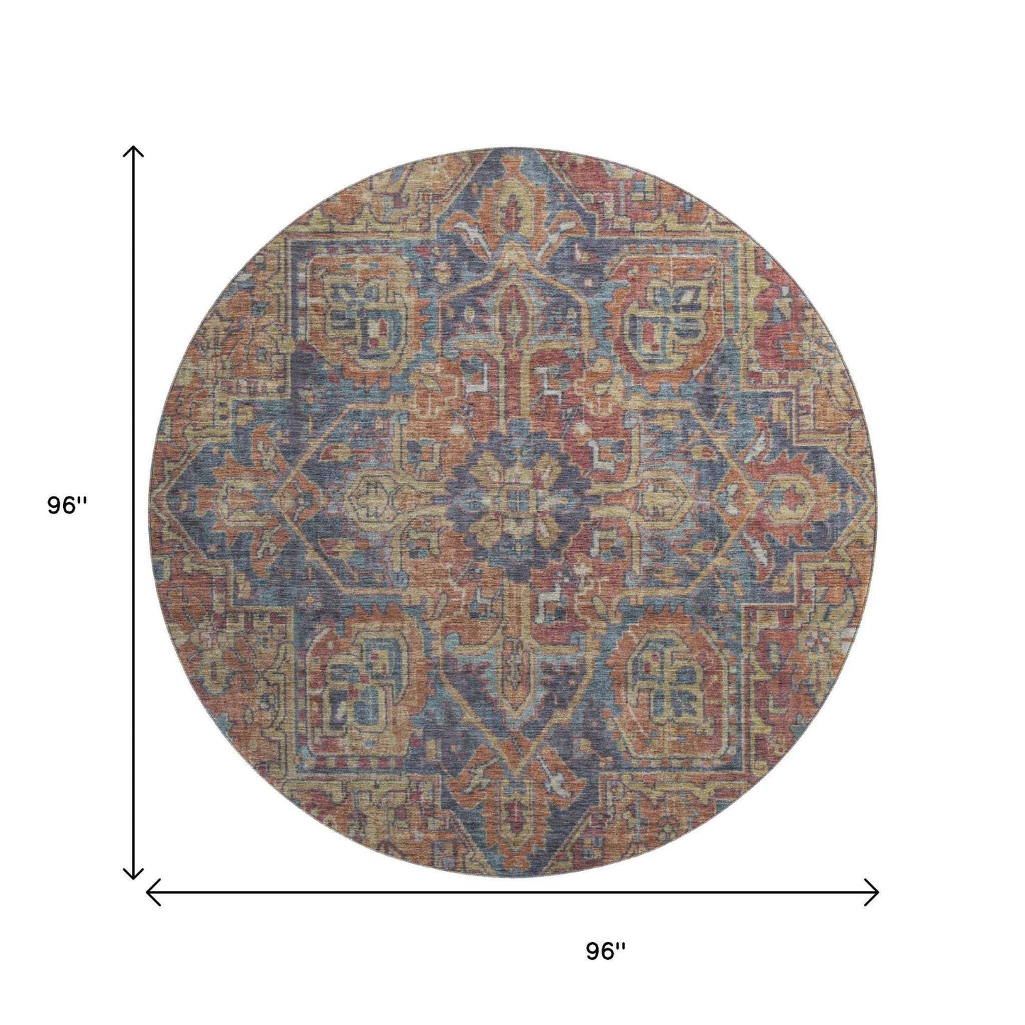 8' Red And Blue Medallion Distressed Washable Round Rug With UV Protection - HomeRoots - Flyclothing LLC