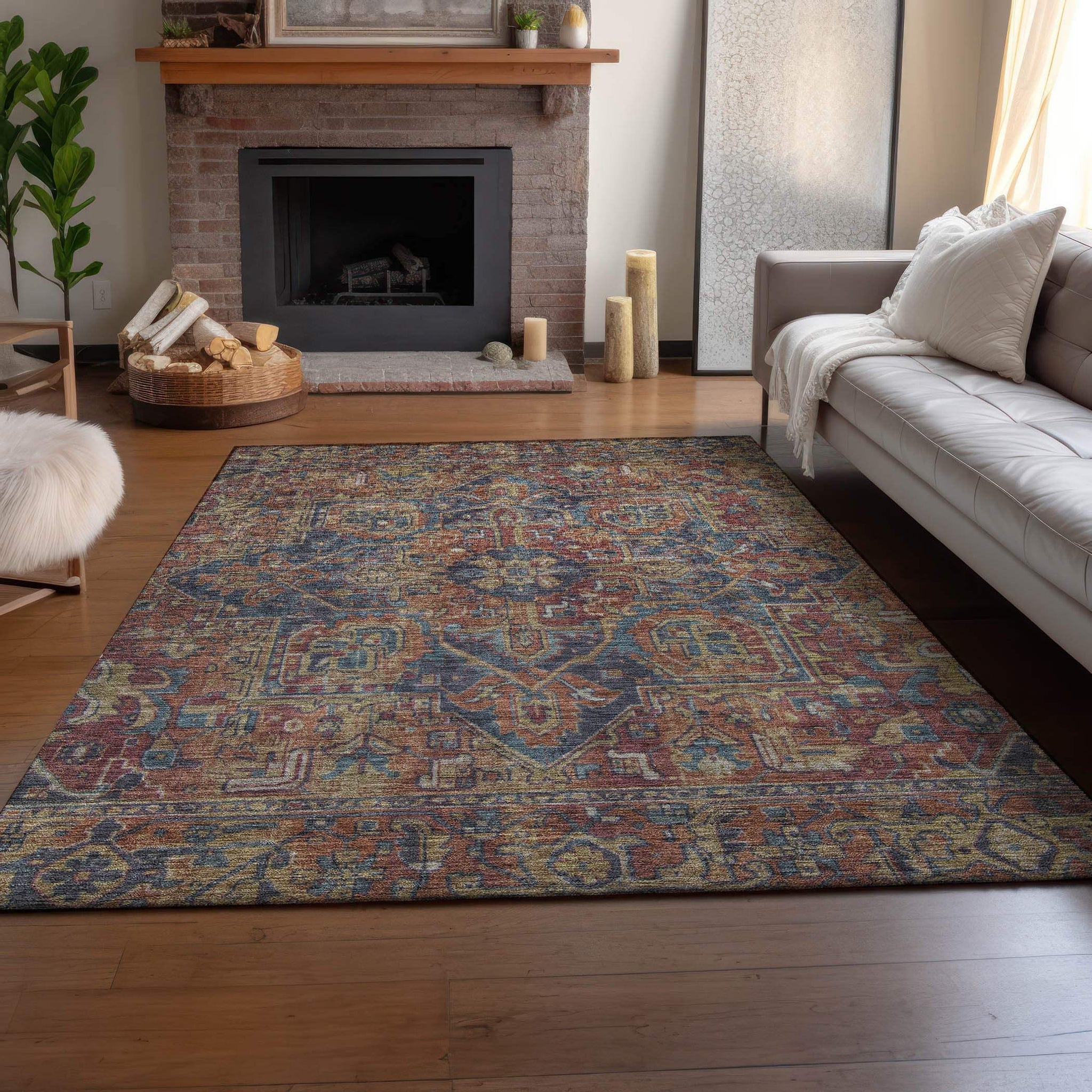 8' X 10' Red And Blue Medallion Distressed Washable Area Rug With UV Protection - HomeRoots - Flyclothing LLC