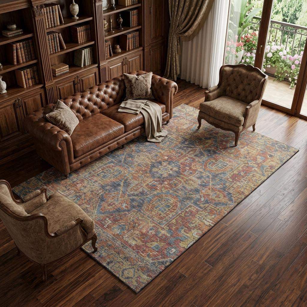 9' X 12' Red And Blue Medallion Distressed Washable Area Rug With UV Protection - HomeRoots - Flyclothing LLC