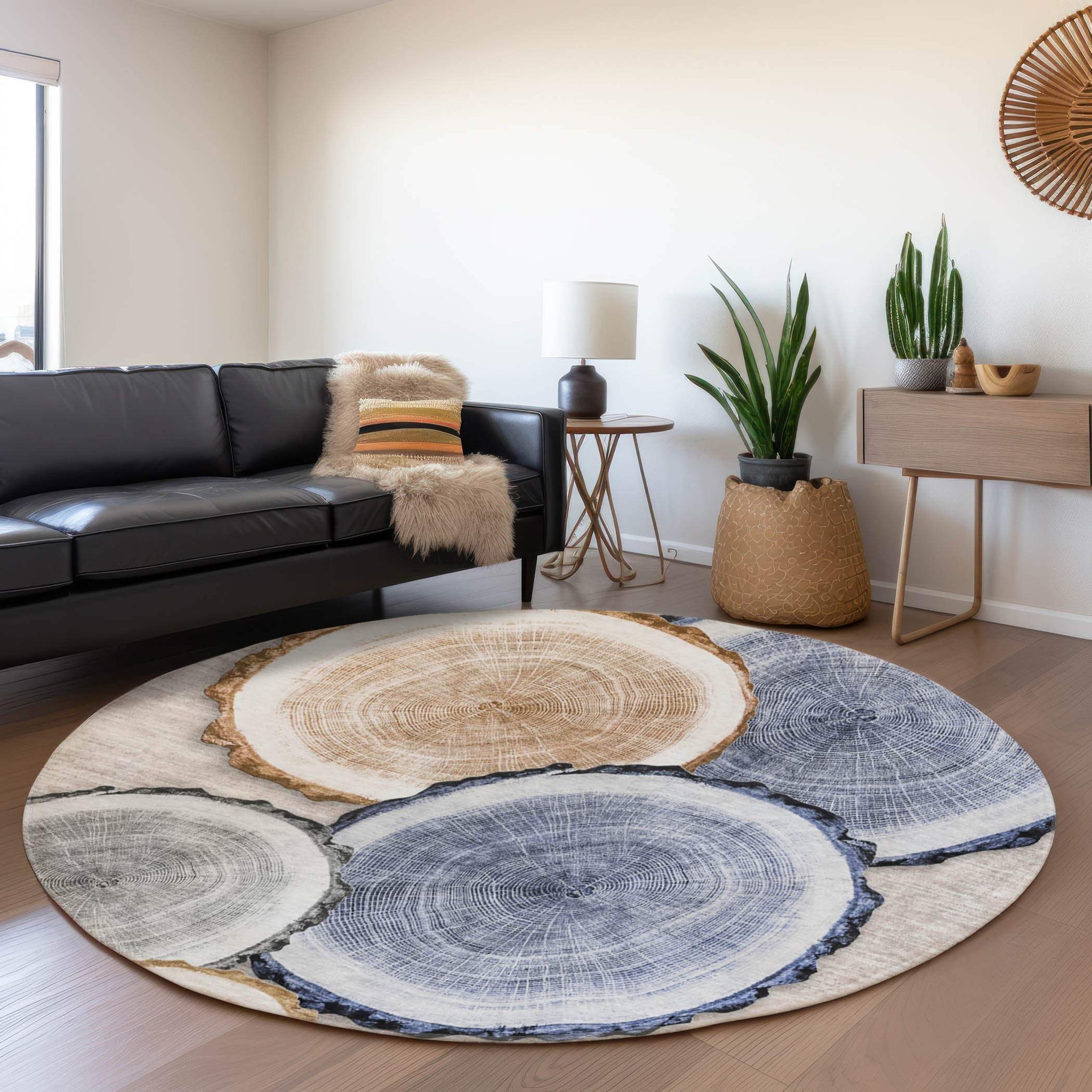 8' Beige Blue And Ivory Woodland Lodge Washable Round Rug With UV Protection - HomeRoots - Flyclothing LLC