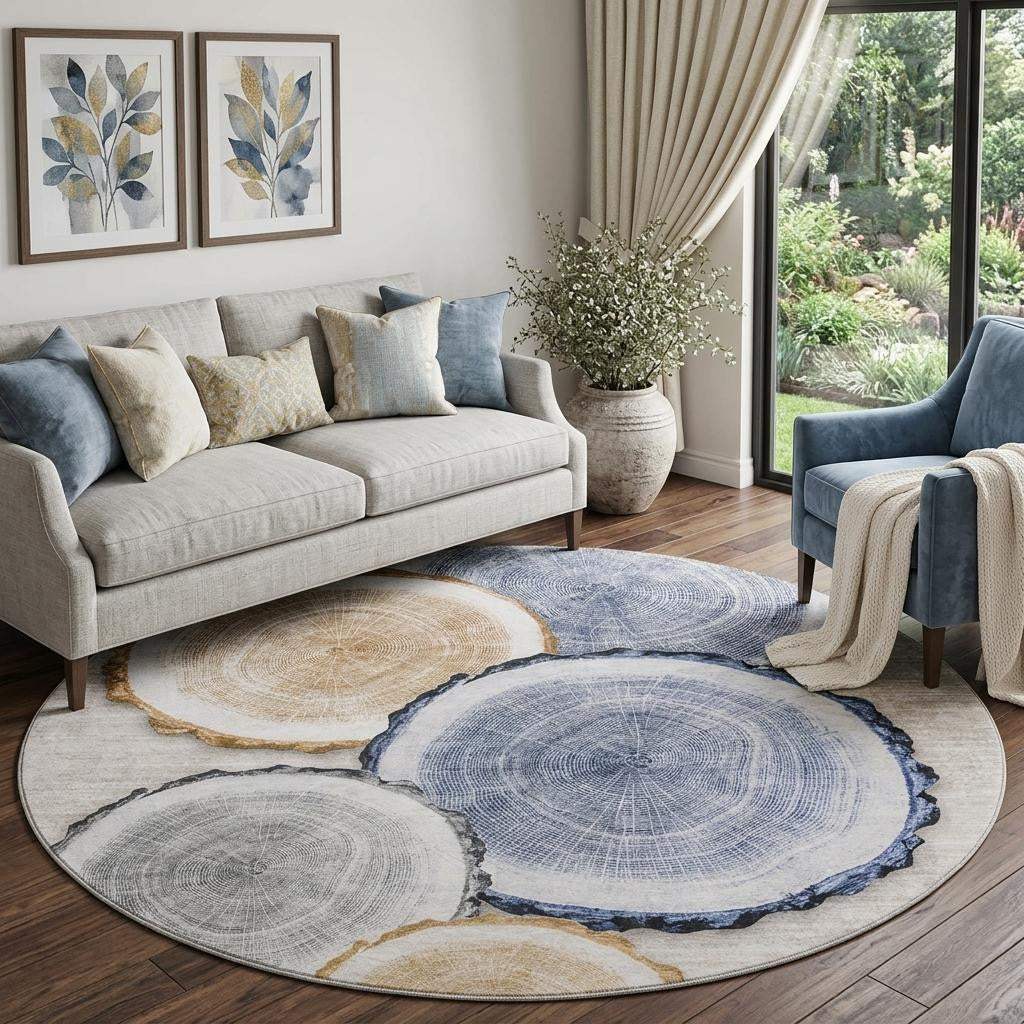 8' Beige Blue And Ivory Woodland Lodge Washable Round Rug With UV Protection - HomeRoots - Flyclothing LLC