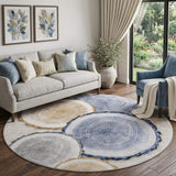 8' Beige Blue And Ivory Woodland Lodge Washable Round Rug With UV Protection - HomeRoots - Flyclothing LLC