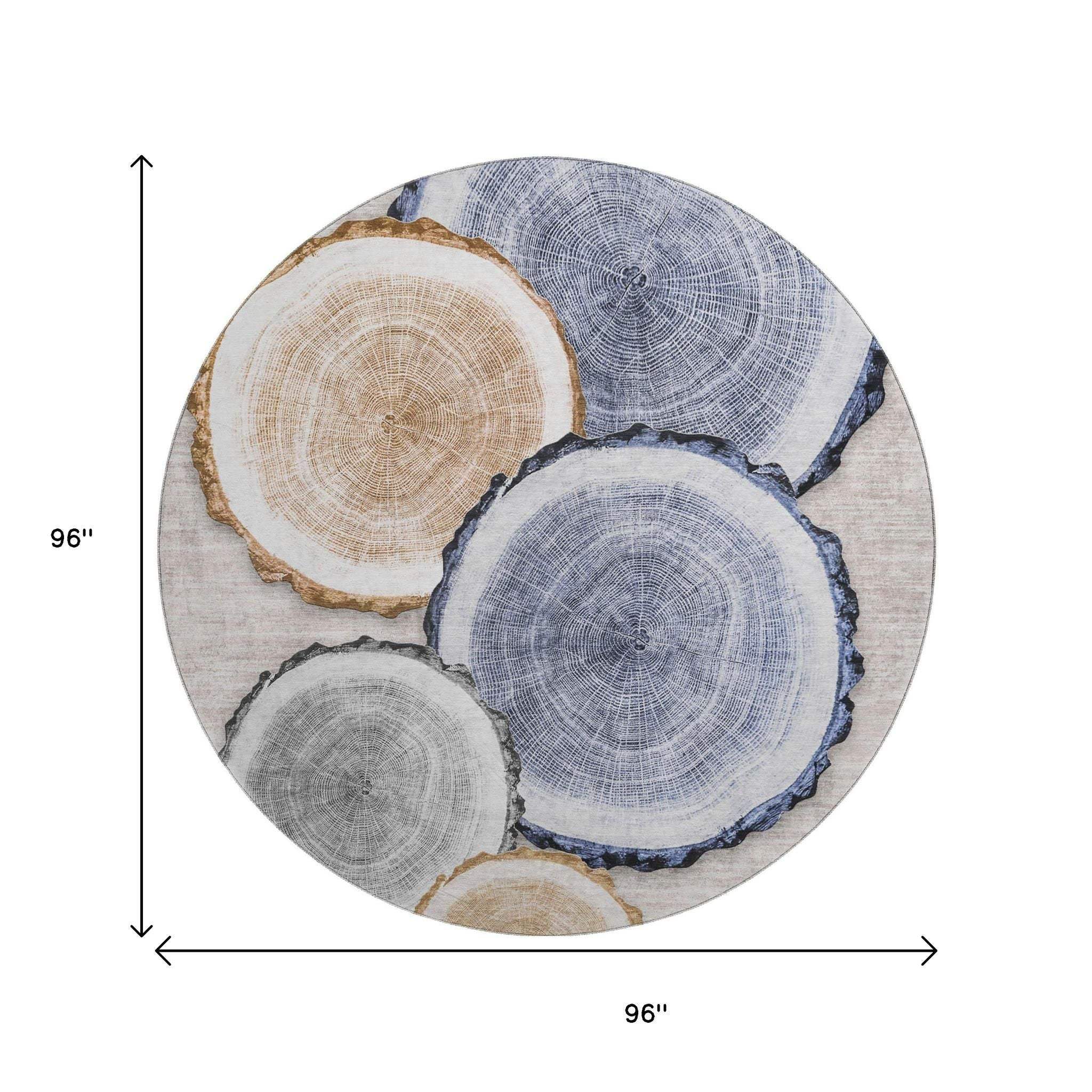 8' Beige Blue And Ivory Woodland Lodge Washable Round Rug With UV Protection - HomeRoots - Flyclothing LLC