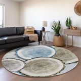 8' Blue Brown And Ivory Faux Bois Washable Round Rug With UV Protection - HomeRoots - Flyclothing LLC