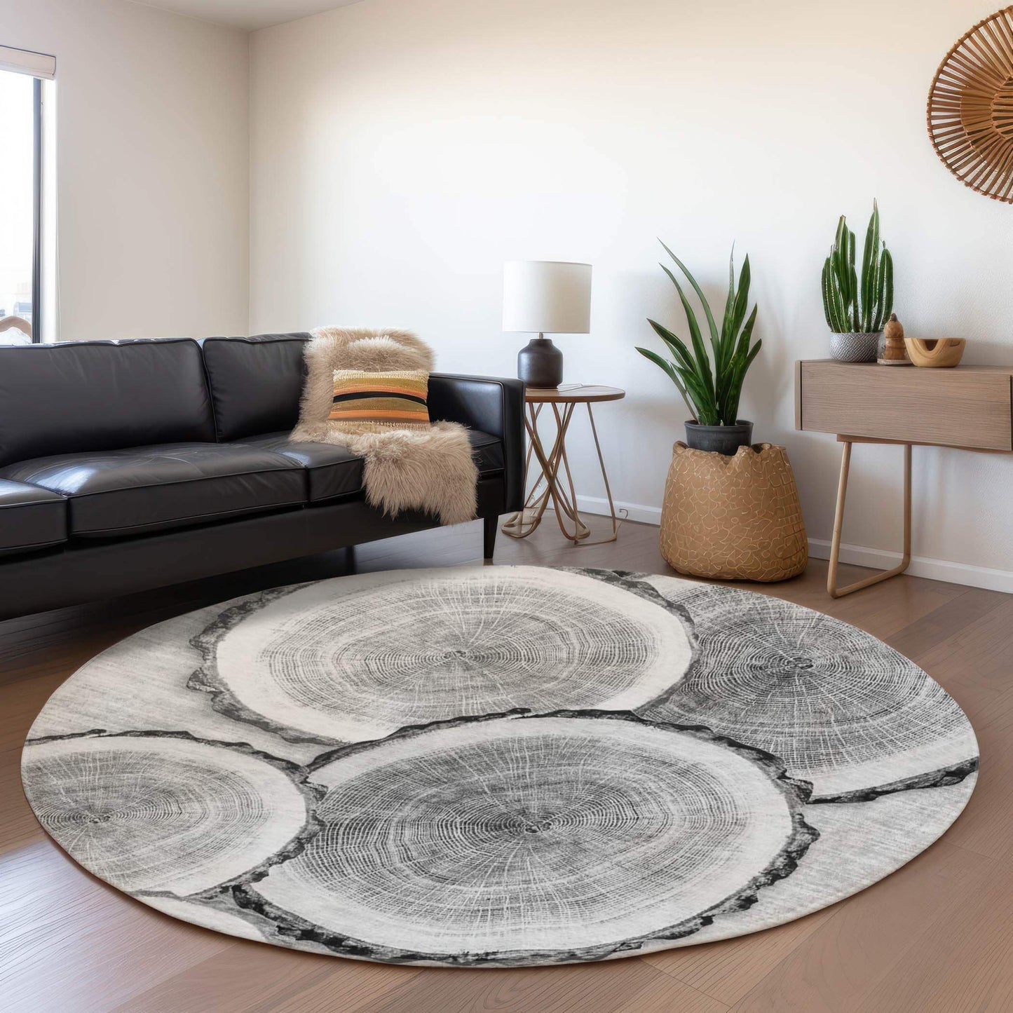 8' Gray And Ivory Faux Bois Washable Round Rug With UV Protection - HomeRoots - Flyclothing LLC