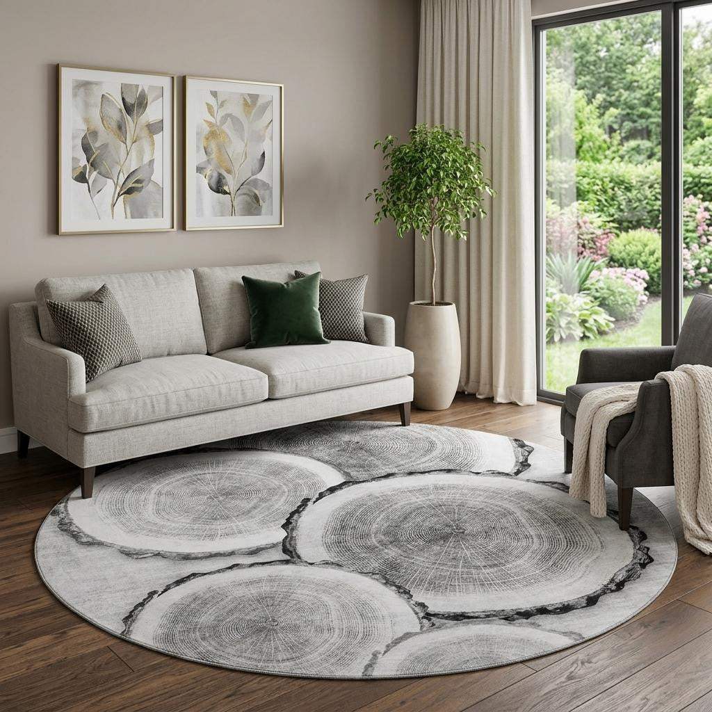 8' Gray And Ivory Faux Bois Washable Round Rug With UV Protection - HomeRoots - Flyclothing LLC