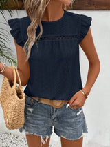 Eyelet Round Neck Cap Sleeve Top - Trendsi - Flyclothing LLC
