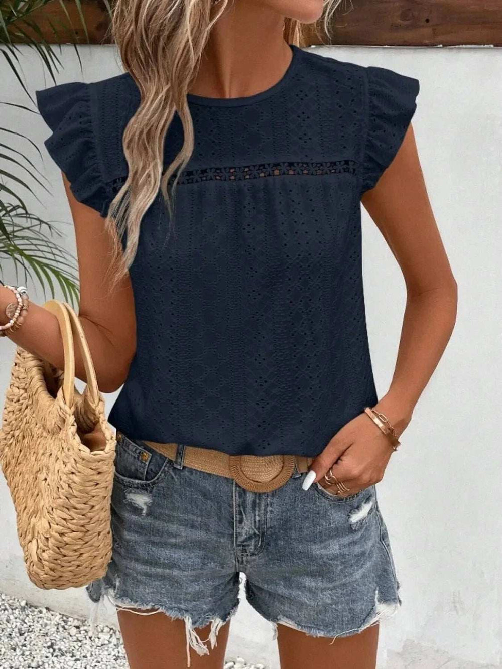 Eyelet Round Neck Cap Sleeve Top - Trendsi - Flyclothing LLC