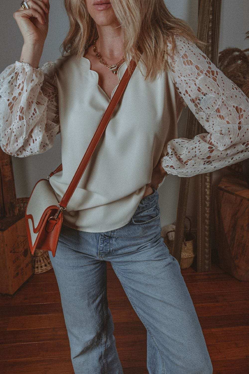 V Neck Lace Balloon Sleeve Blouse - Trendsi - Flyclothing LLC