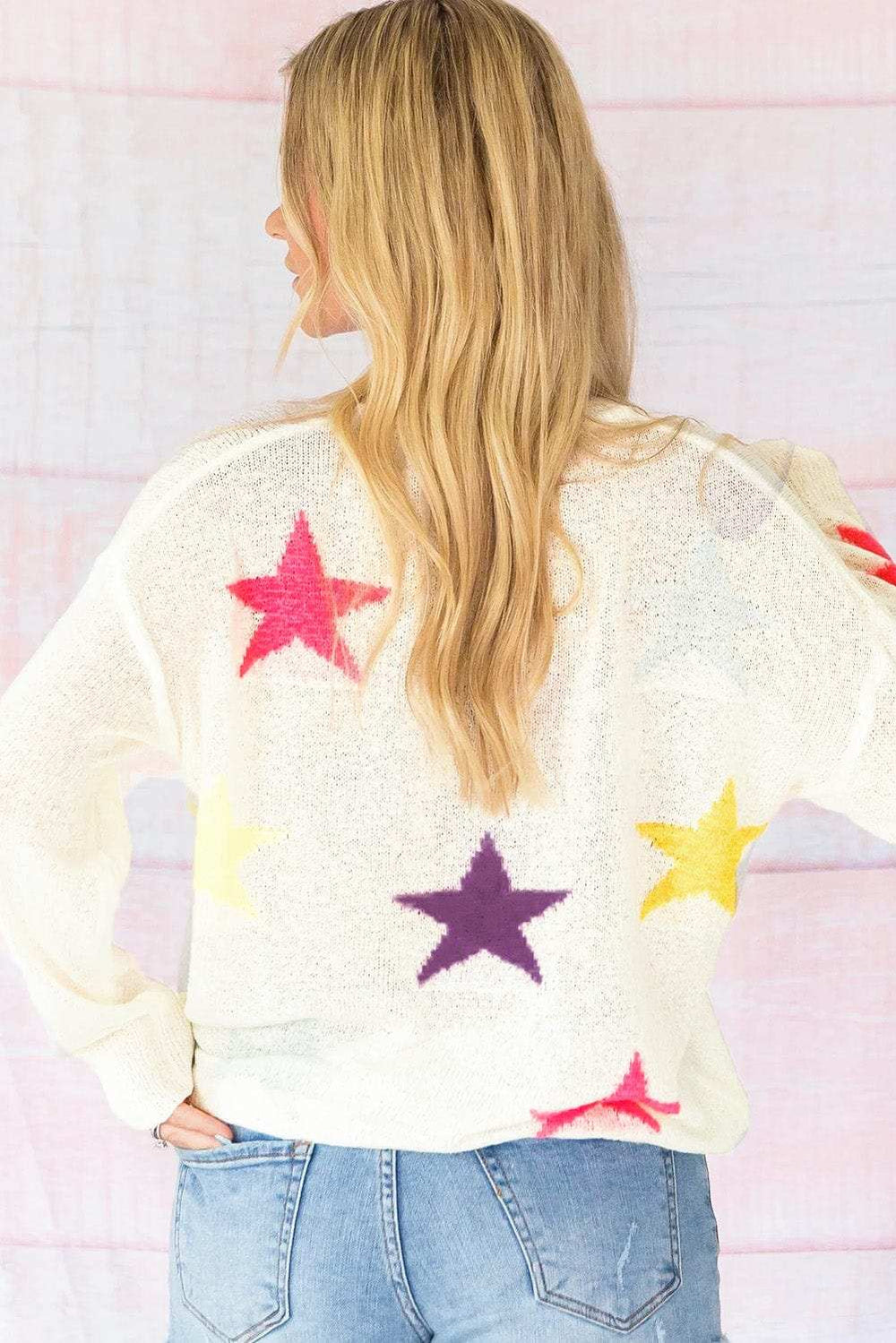 Contrast Star Round Neck Sweater - Trendsi - Flyclothing LLC