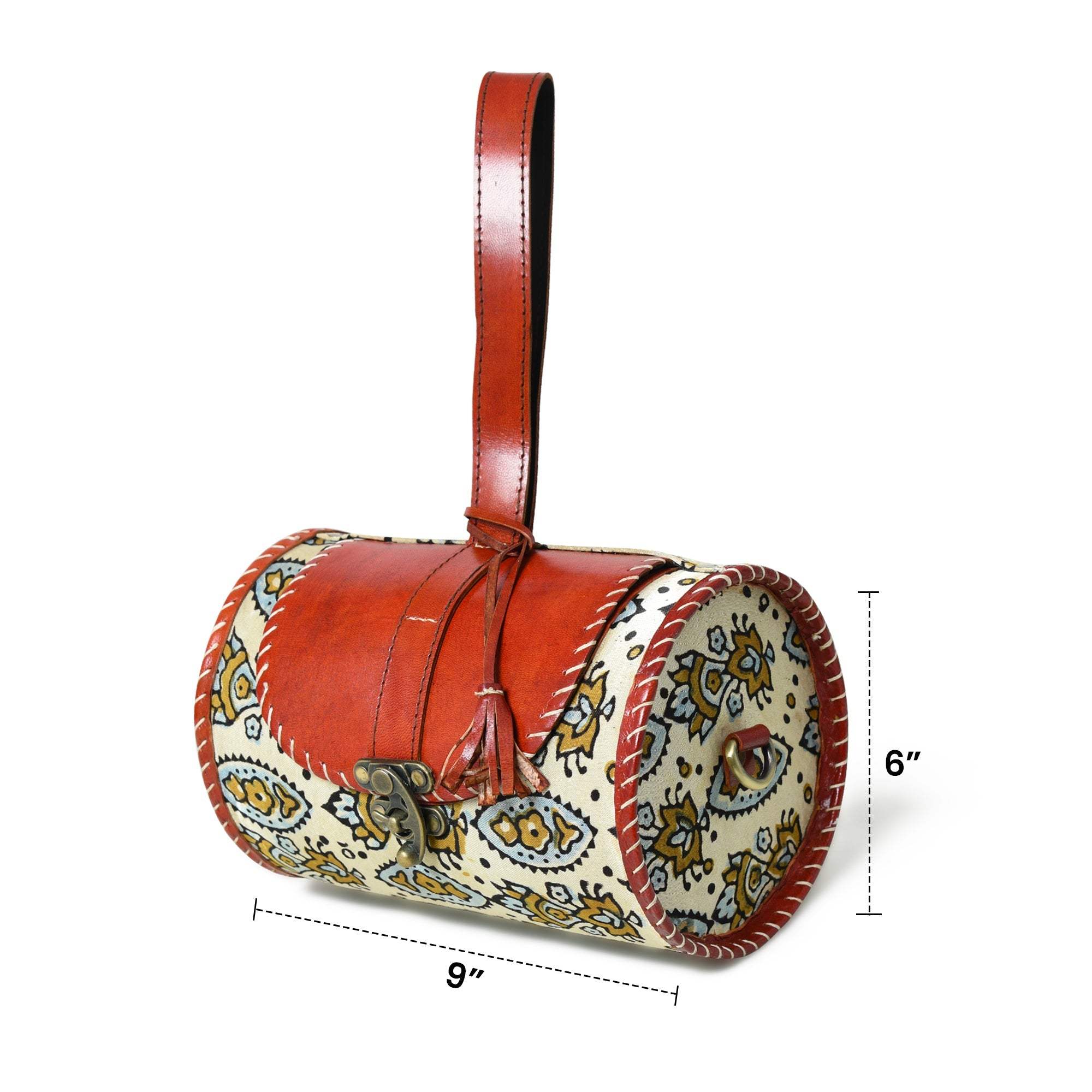 Cylindrical Block Printed Leather Bag - Classy Leather Bags - Flyclothing LLC