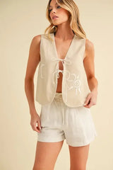 Aemi+Co Embroidered Tied Front Vest Coat - Trendsi - Flyclothing LLC