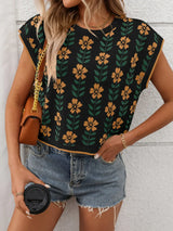 Flower Round Neck Short Sleeve Knit Top - Trendsi - Flyclothing LLC