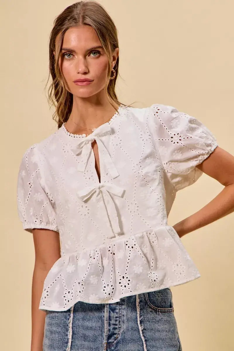 SO ME Cotton Eyelet Front Tie Short Sleeves Blouse - Trendsi - Flyclothing LLC
