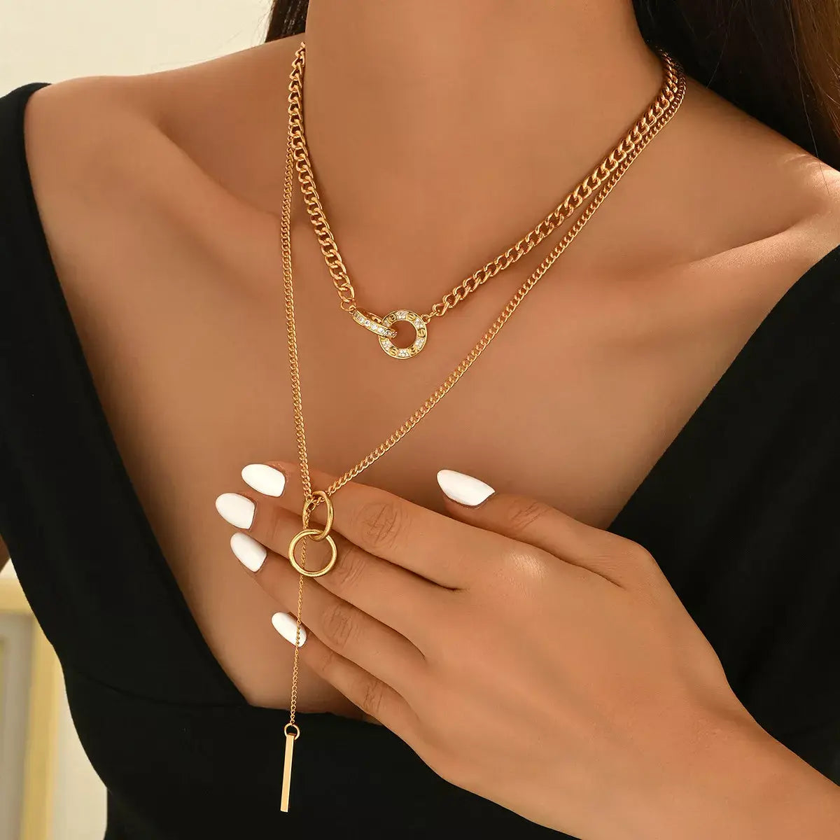 Double Layered Chain Y-Shaped Pendant Necklace - Trendsi - Flyclothing LLC