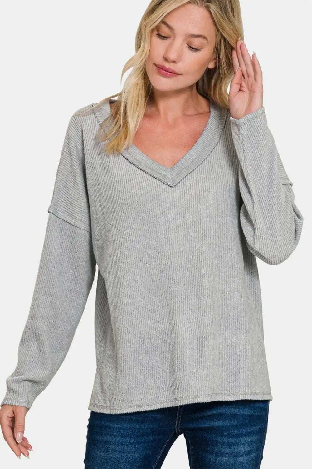Zenana Full Size Ribbed V-Neck Drop Shoulder Top - Trendsi - Flyclothing LLC