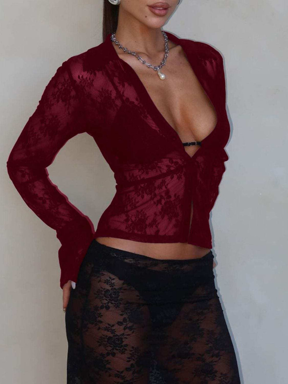 Devine Plunge Long Sleeve Lace Top - Trendsi - Flyclothing LLC