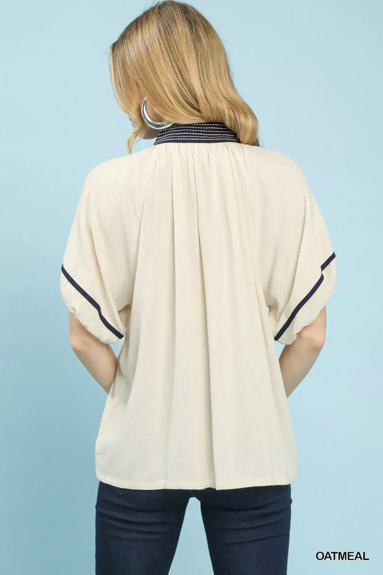 Umgee Linen Puff Sleeve Contrast Trim Top - Trendsi - Flyclothing LLC
