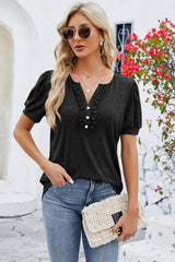 Frill Notched Short Sleeve Blouse - Trendsi - Flyclothing LLC