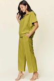 Double Take Full Size Texture Half Zip Short Sleeve Top and Pants Set - Trendsi - Flyclothing LLC
