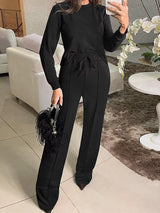 Solid Color Long Sleeve Top & Wide Leg Pants Set - Trendsi - Flyclothing LLC