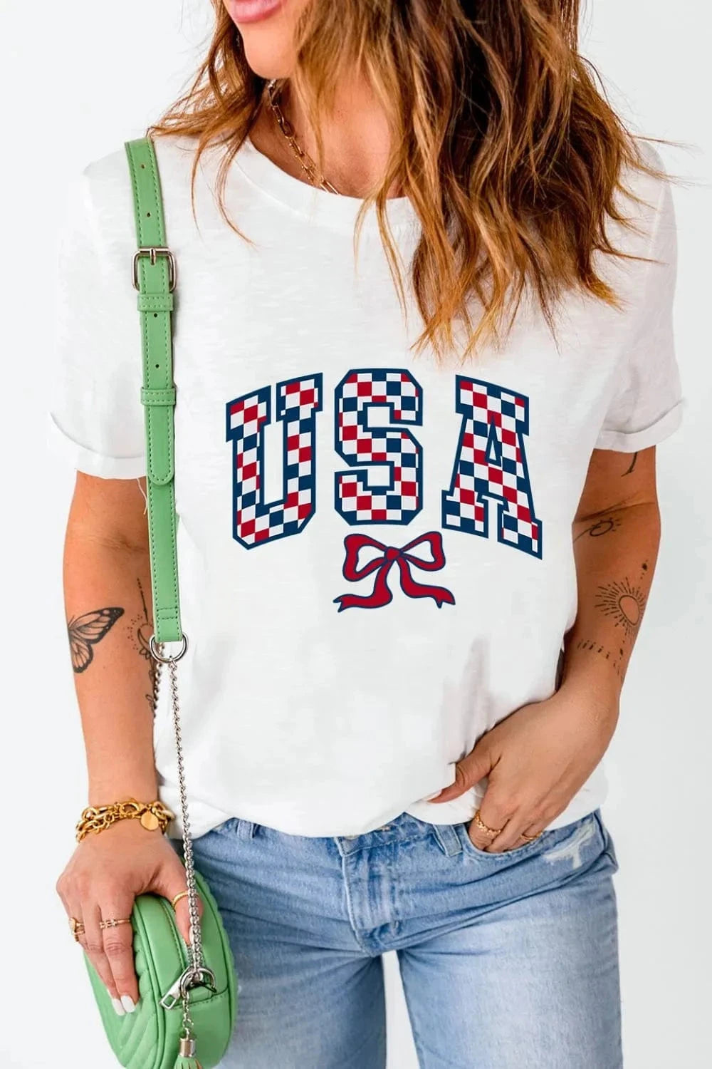 Checkered USA Graphic Round Neck Tee - Trendsi