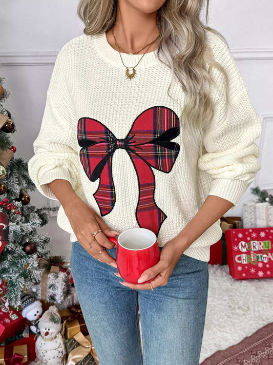 Christmas Bow Dropped Shoulder Sweater - Trendsi - Flyclothing LLC