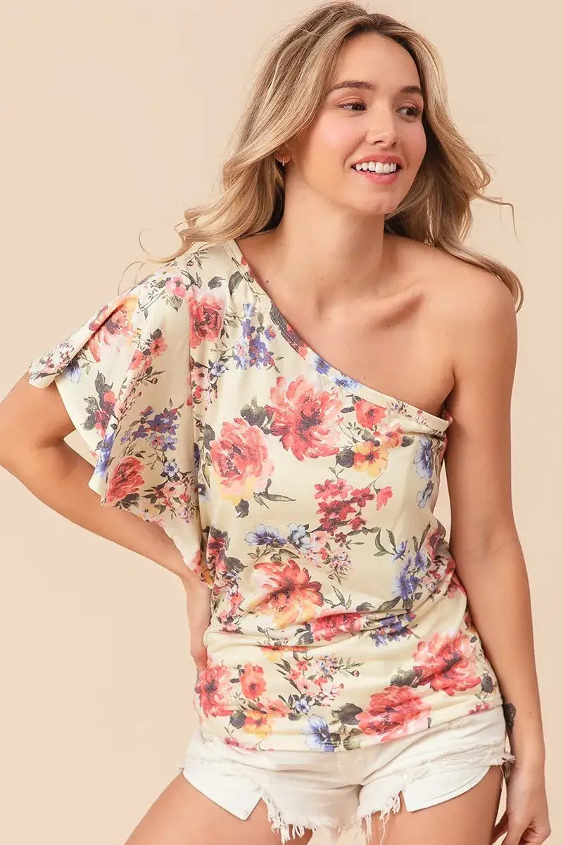 BiBi Floral Printed Jersey Knit Ruffle Sleeve Top - Trendsi - Flyclothing LLC