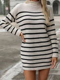 Striped Mock Neck Long Sleeve Mini Dress - Trendsi
