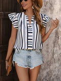 Contrast Striped Notched Ruffled Cap Sleeve Blouse - Trendsi - Flyclothing LLC