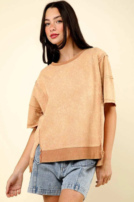 VERY J Round Neck Exposed Seam Slit T-Shirt - Trendsi - Flyclothing LLC